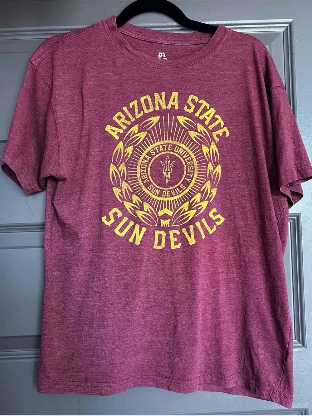 J. America Maroon Crewneck Tee with Yellow Arizona State Graphic